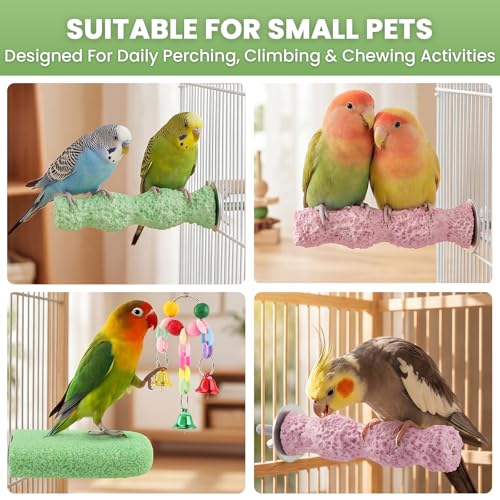 4 Pcs Bird Beak Grinding Stones, Small & Medium Bird Parrot Cage Perch | Bird Cage Stand Plat Form Foot Claws Trimmer with Swing Bell