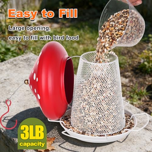 Bird Feeder, Heavy Duty Metal Bird Feeders for Outdoor Hanging | Wild Birdfeeder, 3LB Capacity, 4 Perches, Sturdy, Cute Mushroom Shape, For Outside Garden Yard - color: Red