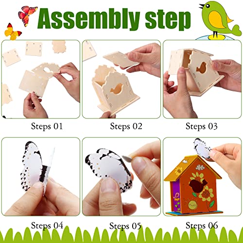 Kisston 210 Pcs DIY Birdhouse Kits for Kids Ages 5-8, 8-12, 96 Wooden Bird Houses Kit in 6 Shapes and 114 Stereoscopic Butterfly Sticker for Children Craft Class Activity Art DIY Project