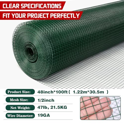 Hardware Cloth 1/2inx48inx100ft, Chicken Wire Fencing Vinyl PVC Coated Welded Wire Mesh Animal Coop Garden Plant for Rabbit Snake Rodents Foxes Groundhogs Poultry Netting Cage Farm Protection - color: Green, size: 1/2in 48in×100ft