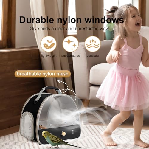 Bird Carrier, Portable Small Bird Parrot Parakeet Carrier with Standing Perch and Soft Mat, Side Access Window Collapsible (Black, Mesh Windows) - color: Black