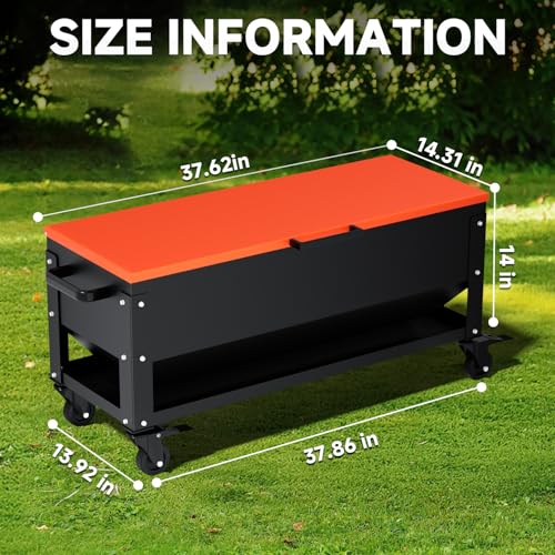 Heavy Duty Chicken Feeder 120 lbs Large Capacity, Metal Automatic Poultry Feeding Box with Waterproof Lid, Raised Standing Feeder with Wheels for Hens & Roosters, Portable & Easy to Move