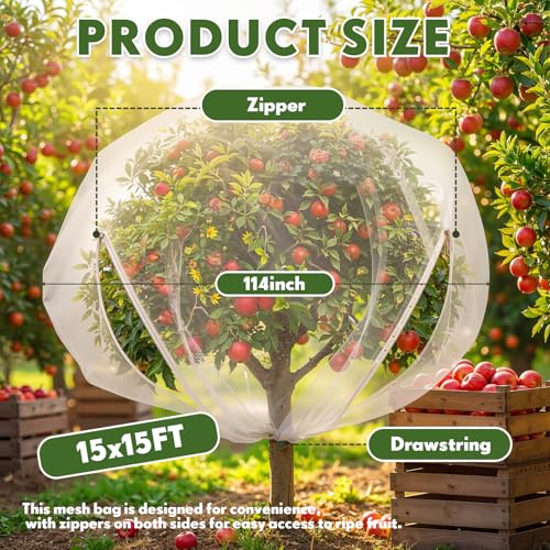 SATINIOR 2 Pcs 15x15ft Large Fruit Tree Netting with Double Zipper Drawstring Bird Netting Fruit Tree Covers Garden Plant for Squirrels Birds Deer Bugs Cherry Blueberry Peach Apple Trees - size: 15x15ft