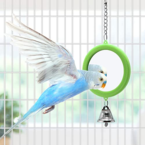 2PCS Bird Mirror with Bell Parrot Hanging Interactive Playing Toy for Cockatiel Parakeets Canaries Budgie Cage Accessories (Green) - color: Green
