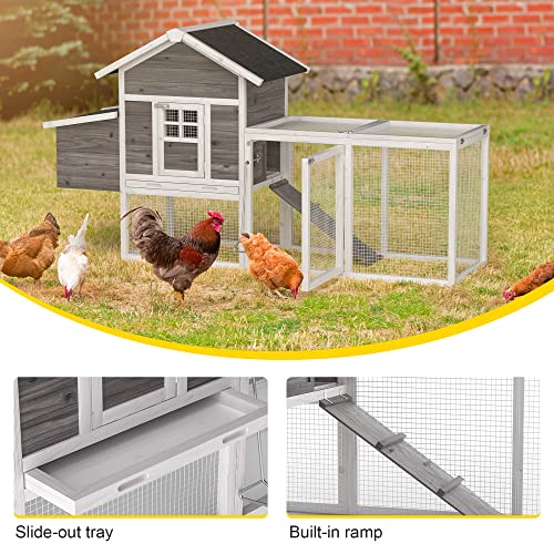 GOJOOASIS Chicken Coop for 2-4 Chickens Outdoor Wooden Hen House, Grey | Predator Proof Hen House with Nesting Box, Poultry Cage w/ Wire Fence, Ramp, Tray, Roosting Bar, 4 Access Areas - size: E