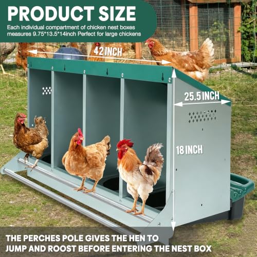 Chicken Nesting Box, 3 Holes Nesting Boxes, Heavy Duty Metal Laying Boxes, Roll Away Nesting Box Egg Collection Tray, with Roosting Pole for Chicken Coop(Green) - size: 3 Holes