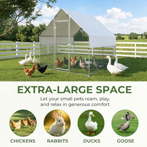 Large Chicken Coop Metal Walk-in Run 6.6' x 6.6' x 6.6', Heavy Duty Galvanized Steel Cage with Waterproof Cover, Secure Lock, Outdoor Pen Enclosure for Hens, Ducks, Rabbits - size: 79.0"L x 79.0"W x 79.0"H