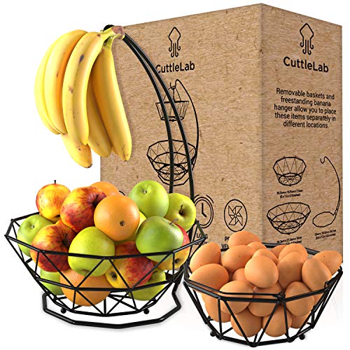 Fruit Basket with Banana Hanger and Fruit Bowl. Kitchen Counter Fruit Bowl with Banana Holder used as Bread, Vegetable or Produce Basket, Egg Holder, 2 Tier - size: 2-Tier