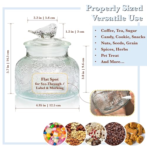 Decorative Flora Embossed Glass Jar with Glass Bird Lid, 25.4 fl. oz | Wide mouth vintage storage canister, kitchen pantry bathroom organization, coffee sugar tea cookie candy candle vase gift - size: 25.4 Ounces, style: Clear Flower - Bird Lid