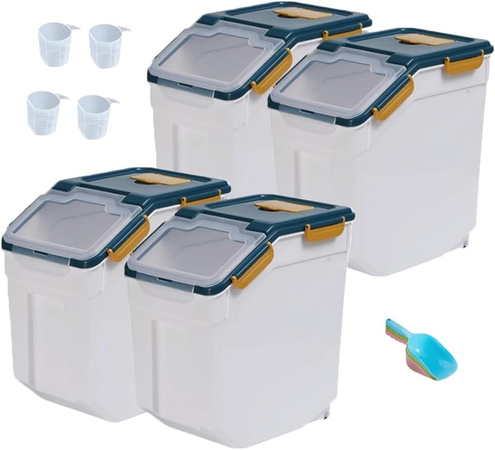 25LB Large Flour Storage Container Bin,4 Pack Airtight Plastic with Wheels Seal Locking Lid Dispenser Organizer Storage Bin with Measuring Cup & Scoop for Flour, Rice, Grain 100LBS Total - color: Blue/30lbs,4counts