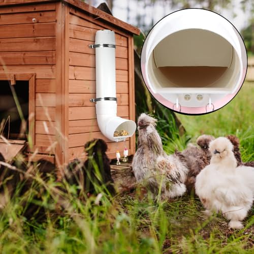 Kalakey Automatic Chicken Feeder, Hanging PVC Tube Chicken Coop Feeder with Chew Toy Bell, Holds 6lbs Feed for Hens Chicks, Grit and Oyster Shell Feeder