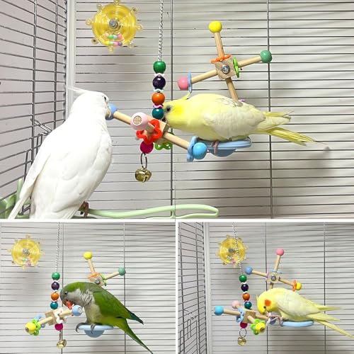 2pcs Bird Spinner Toys for Parrots with Bells for Cage, Natural Wood | Parakeet Toys, Bird Cage Accessories Chewing Hanging for Small and Medium Birds, Cockatiel, Conure, Lovebird, Budgie, Quaker