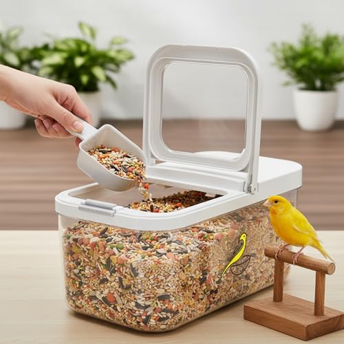 Bird Seed Storage Container, 5.4 Qt/6 L Pet Food Container with Measuring Cup & Stainless Steel Bird Feeder Bowl, Airtight Wild Birds Seed Dispenser, Plastic BPA Free, Clear
