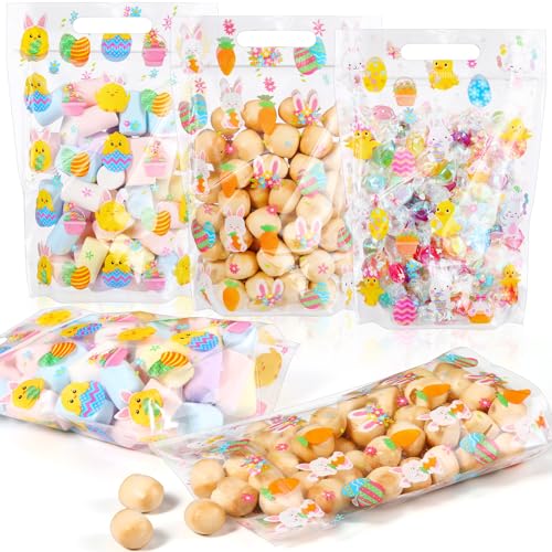 Frienda 60 Pcs Easter Plastic Candy Bags Bulk Easter Egg Zippered Treat Bags Bunny Goodie Bag with Handle Spring Party Favor Gift Pouch for Wedding Birthday Party Supplies