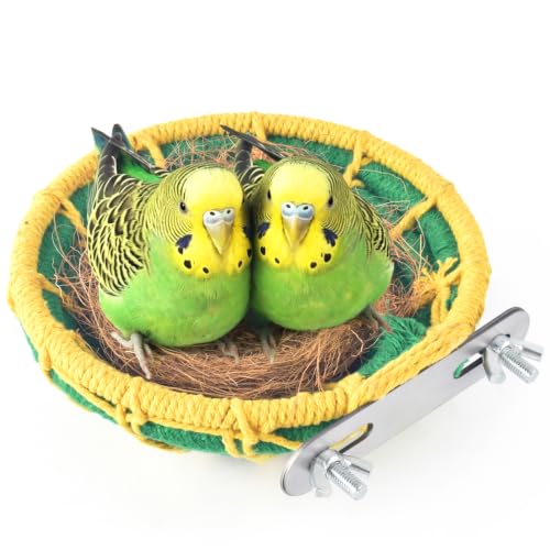 KATUMO Bird Nest, 5.3in Conure Breeding Nest Parrot Bed with Natural Coconut Fiber Bedding for Budgie, Parakeet, Cockatiel, Conure, Lovebird, Canary, Finch, Small Birds - color: Green+Yellow