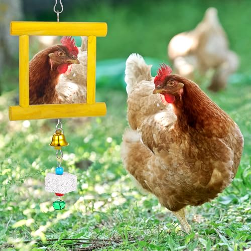 Chicken Toys - 1pc Hanging Bell Parrot Chicken Swing Mirror + 2pcs Beak Grinding Stones for Enrichment, Perfect for Coop, Birds, Parrots, Hens, Roosters, and More - color: Yellow
