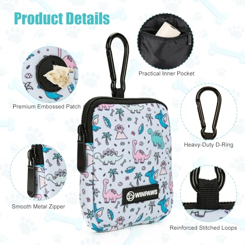 Dog Treat Pouch with Training Clicker,Waterproof Nylon Fabric Poop Bag Holders for Leashes,Hands Free Small Dog Walking Bag with Carabiner, Pet Puppy Training Walking Essentials (Dinosaur) - color: Dinosaur