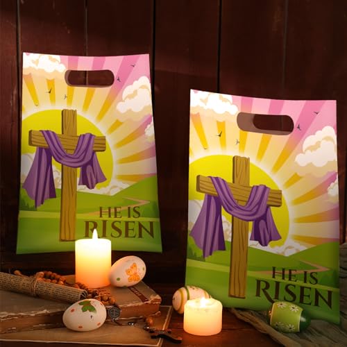 Oudain 60 Pcs Religious Goody Bags, Easter Treat Gift Bag with Handles, Christian Cross Plastic Candy Packaging Bags for Party Favor Easter Egg Hunting Game VBS Gift Packaging(Sun) - color: Sun