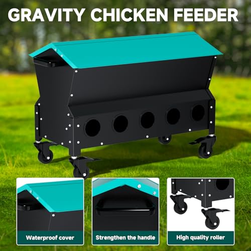 Heavy Duty Chicken Feeder 120 lbs Large Capacity, Metal Automatic Poultry Feeding Box with Waterproof Lid, Raised Standing Feeder with Wheels for Hens & Roosters, Portable & Easy to Move