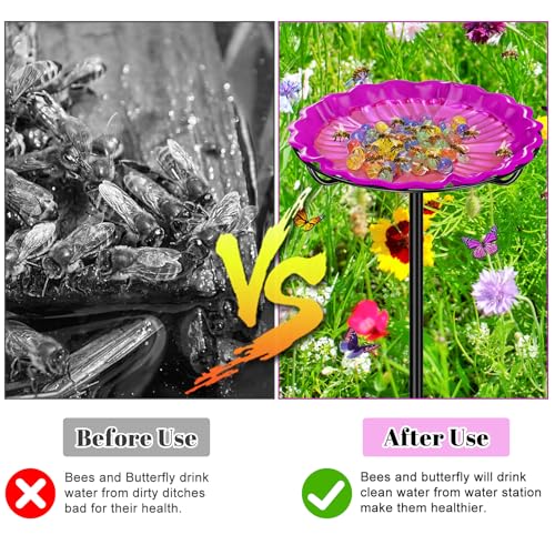 Bee Butterflies Watering Station, Standing Bee Feeder with Glass Marbles for Outside, Bee Bath Feeder with Metal Stakes Butterfly Puddler Garden Yard Déco (Rose) - color: Rose