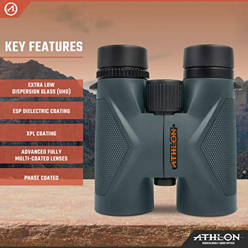 Athlon Optics 8x42 Midas UHD Gray Binoculars with ED Glass for Adults and Kids, High-Powered Binoculars for Hunting, Birdwatching, and More | For Hunting, Birdwatching, and Adults & Kids | High-Powered, ED Glass, Eye Relief | Waterproof and Fogproof