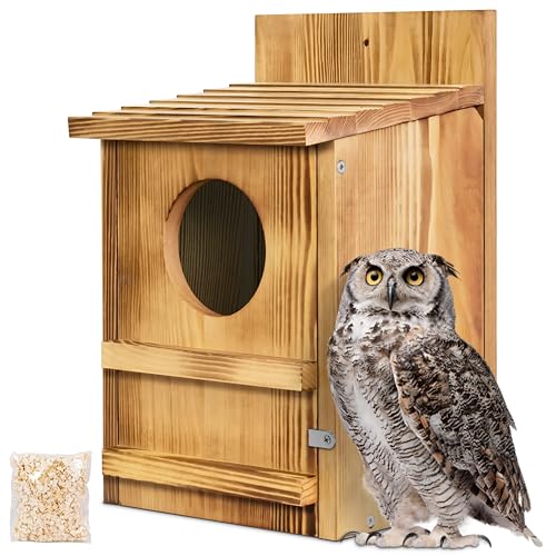 Barred Owl House, 9" x 14.5" Large Owl Bird Box Handmade, Brown | Wooden Circular Opening for Outside with Mounting Screws and A Bag of Wood Shavings, Easy Assembly Required, Easy to Clean - color: brown, size: 9" x 14.5"