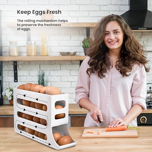 ZAYLAN Auto-Rolling Egg Holder for Fridge – 4-Tier Space-Saving Dispenser Holds 28 Eggs, White Organizer with FREE Flower Egg Cutter - color: WHITE