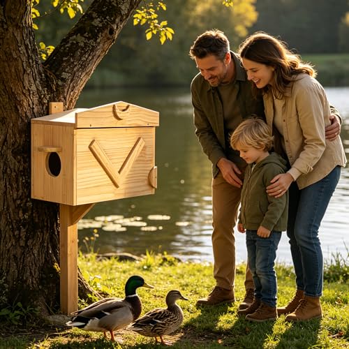 Handcrafted Solid Wood Duck House - Large Natural Outdoor Duck Nesting Box for Wood Ducks & Mergansers, Easy Pole Mounting Kit for Pond Wetland & Backyard