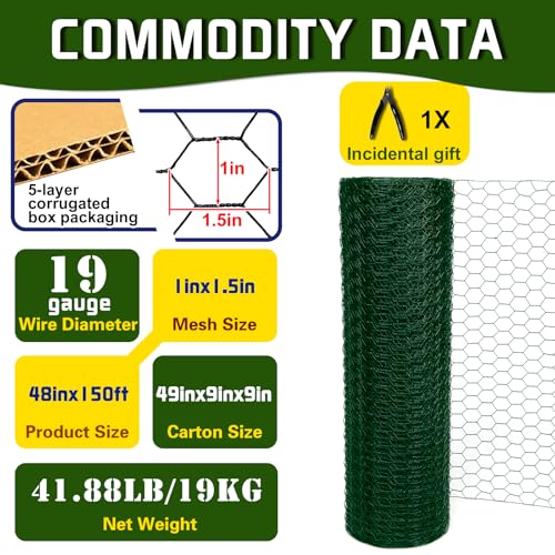 Chicken Wire 48inx150ft, Premium Chicken Wire Fencing, Chicken Wire Mesh, Green PVC Coated Metal Wire Fence, Galvanized Poultry Netting Barrier for Floral Arrangements/Craft Projects//Rabbit - color: Green, size: 48inx150ft
