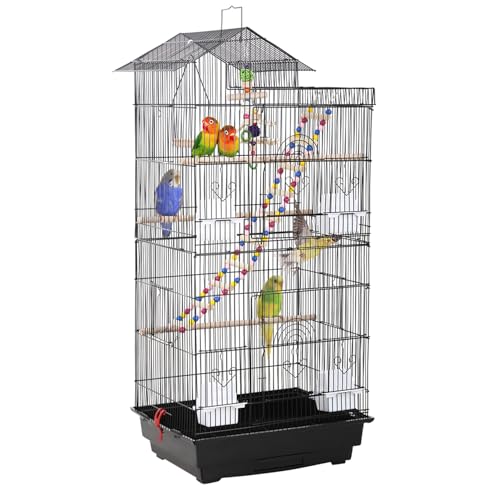 FDW 39 Inch Bird Cage Parakeet Cage with Play Top Rolling Stand & Easy Clean Pull-Out Tray Roof Top Parrot Cage for for Finches Canaries Parakeets Cockatiels & Other Small Birds, Black - color: Black