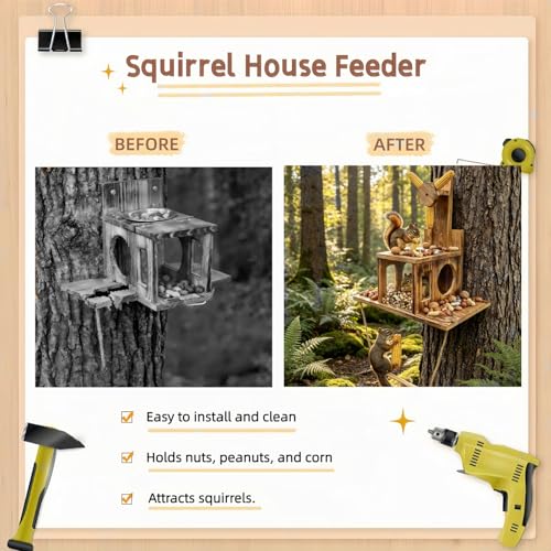 Multifunctional Squirrel Feeder with 3 Ears Spinner Corn Cob Holder | 3-in-1, detachable acrylic viewing panel, hanging perch, peanut tray, easy clean, attracts backyard wildlife