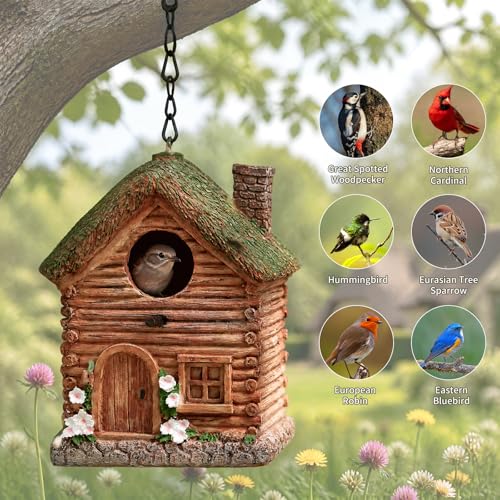 LAUGOKEBE Bird House for Outside, Rustic Cottage Hanging Birdhouse, Hand-Painted Resin Decorative Bird Nesting for Outdoors for Bluebird Finch Cardinals, Sparrow, Garden, Patio, Yard