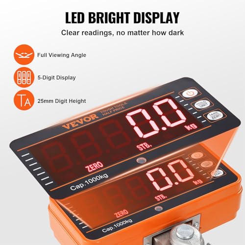 VEVOR Crane Scale, Hanging Scale Industrial Heavy Duty, Digital Crane Scale with Remote Control, Cast Aluminum Case & LED Screen, 2200 lbs/1000 kg,High Precision for Construction, Factory, Farm - style: 2200BLS