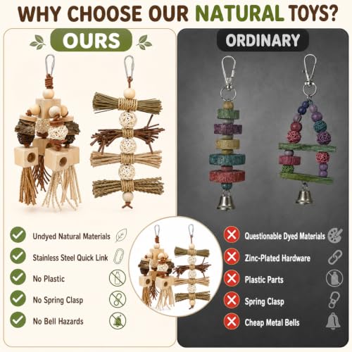 2Pcs Natural Bird Toys for Parrots, Parakeet & Cockatiel - Foraging Cage Toy with Wood, Cork Bark, Raffia - Shredding Chewing Gear Conures, Budgies, Lovebirds - Safe Stainless Link