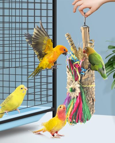 Bissap Bird Chew Toys, Parrot Foraging Shredder Natural Palm Frond Woven Bag Hanging Cage Toy with Chewing Treats for Conure Budgie Cockatiel Cockatoos and Similar Sized Pet Birds - style: Bag