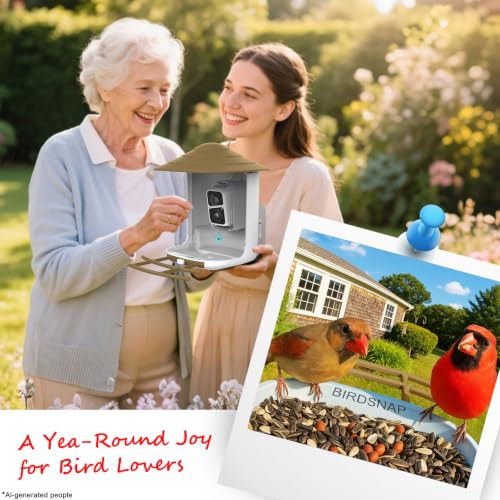 birdsnap® TUC Bird Feeder with Camera Solar Powered 2K Video with 32GB Card | AI Bird Species Identification, Squirrel-Proof, IP65 Waterproof, Outdoor Wireless, 2.4G WiFi, Gift for Mom Dad Bird Lovers - color: Light Brown