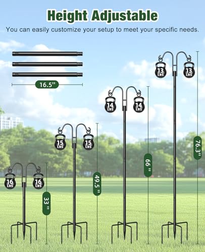 Shepherds Hooks for Outdoor Plant Hanger Hummingbird Feeders for Outdoors | Double Shepherds Hooks ,86 Inch Bird Feeder Pole, Thick Heavy Duty Bird Feeder Stand with 5-Prong Base,Solar Light,7 Pack - size: 76inch
