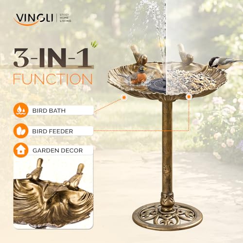 VINGLI Pedestal Bird Bath with Solar Fountain, Solar Pump Resin Birdbaths, Weather Resistant Bird Baths with Ground Stakes, Vintage Finish Garden Decor for Outdoor, Patio, Yard, Lawn (Copper Shell) - color: Copper shell