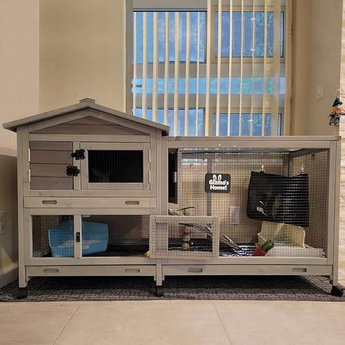Bunny Cage Indoor and Outdoor Rabbit Hutch with Casters Waterproof Roof, Pull Out Tray from Back and Front 61.2" L x 22.6" W x 33.5" H - size: 61.2"L x 22.6"W x 33.5"H