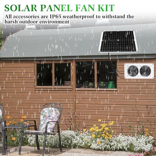 Rossesay 2 Sets 25W 12V Solar Powered Fan for Chicken Coop Waterproof Solar Panel Exhaust Fans USB Portable Metal Shell for Shed Greenhouse Outside Air Ventilation Pet Dog House