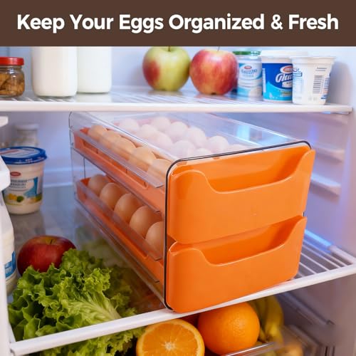 Egg-Holder for Fridge, Fits Small to Large Eggs, Orange | 36 Egg-Storage for Refrigerator Countertop, 2 Tier Dispenser with Drawer, Stackable Clear Egg Tray Container - size: 2 Tier-Orange
