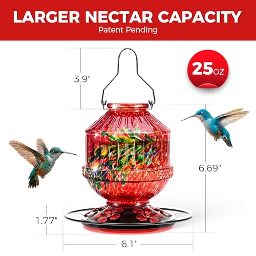 Blown Glass Hummingbird Feeders for Outdoors, 25 Ounces Wild Bird Nectar Feeder with Perch & 5 Flower Feeding Ports Leak Proof Hanging for Garden Backyard Decor, Gifts for Women Mom, Phoenix Red - color: Phoenix Red