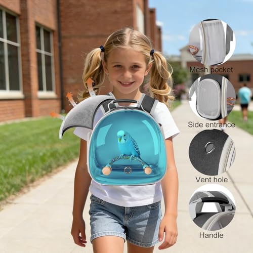 Polarized Tinted Blue Bubble Small Bird Carrier Travel Cage, Portable Bird Carry Backpack with Stainless Steel Tray and Standing Perch for Parakeet Cockatiel Budgies - color: Blue