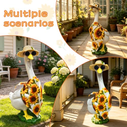 Porch Goose Statues Garden Decor, 20 "Large Resin Sculpture with Outfit | Porch Duck Weatherproof Ornament for Patio, Lawn & Yard, Ideal Housewarming & Birthday Gift for Mom, Women & Men - style: sunflower bandana goose