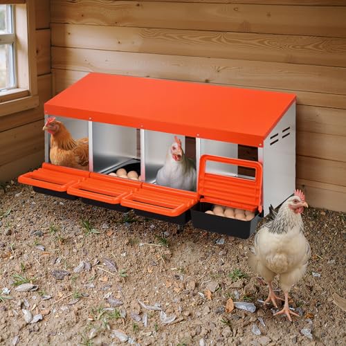 VEVOR Chicken Nesting Boxes, 4 Compartments, Metal Egg Laying Boxes with Protective Collection Lids, Roll Out Nesting Box, Easy to Assemble, Ideal for Hens, Ducks, Chickens, and Other Poultry, Orange - size: 41.7"L x 20.6"W x 18.7"H