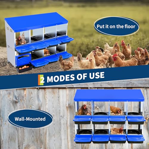 Chicken Nesting Box, 8-Hole Roll Away Egg Laying Box with Lid, Galvanized Steel Rustproof Design - Easy Egg Collection, Easy Clean Wall-Mountable Without Bracket, Blue - color: blue, size: 42.7"L x 16.9"W x 26.6"H