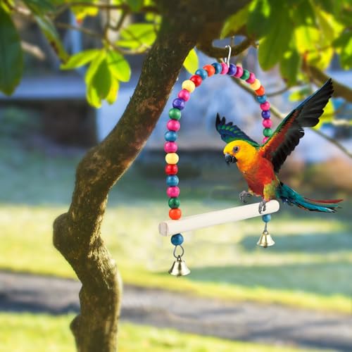 Wooden Bird Swing, 9 Inches Hanging Birds Cage Perches with Playing Bell, Natural Bird Chew Toys Boredom Breaker Bird Toys for Parakeets, Budgie, Cockatiel (Colorful, L) - color: Colorful