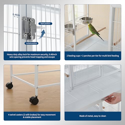 74 Inch Large Bird Cage, Large Flight Aviary with 3 Dividable Compartments for Parakeets Cockatiels Conures Finches, Heavy Duty Breeder Cage with Slide Out Trays for Multi Bird Homes, White - color: White