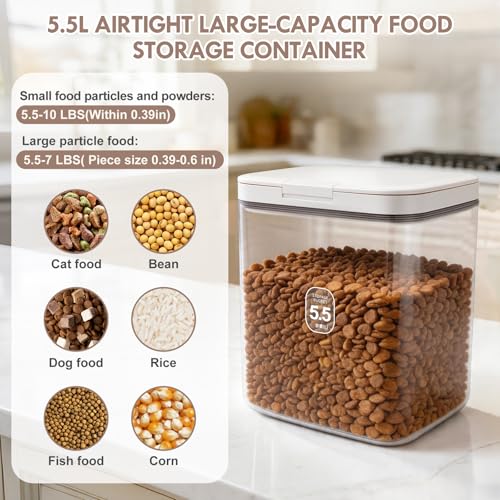 LEAWALK 5-7Lbs/5.81Qt/5.5L Airtight Dog Cat Food Storage Container and Pet Storage Bin BPA-Free. PET Clear Stackable Dog Treat Containers for Pet Food/Rice/Dry/Cereals/Flour/Sugar/Bread - color: White-5.5L-C