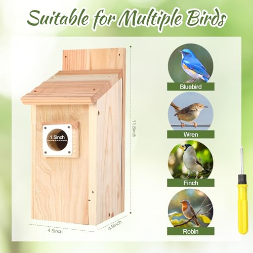 4-Pack Bird Houses for Outside with Metal Predator Guard, Birdhouses for Outdoors for Bluebird, Wren, Swallow, Finch - Natural Wood